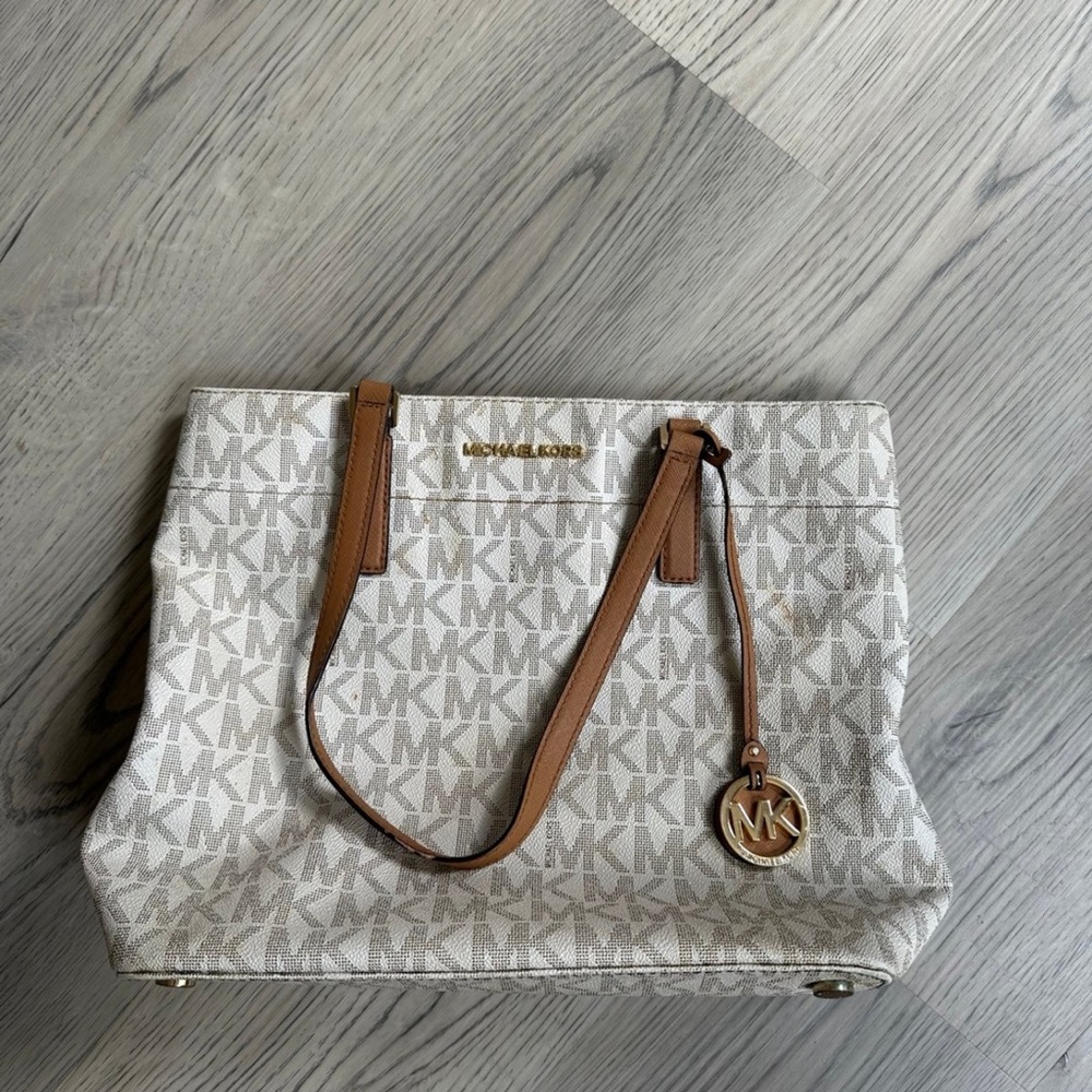 Michael Kors Monogram Cream and Tan Tote
